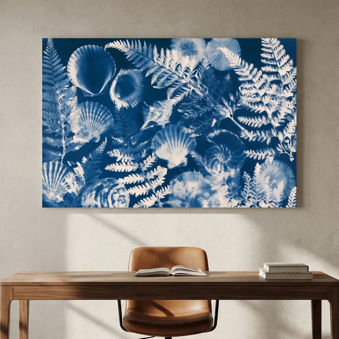 Cyanotype Seashell And Fern Illustration - Hamptons Tropical Wall Art
