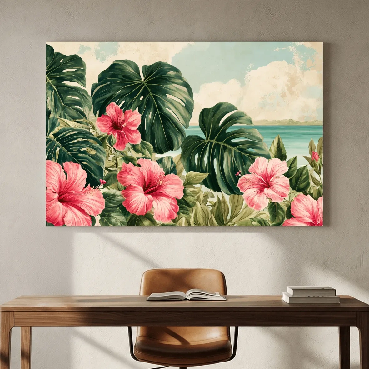 Tropical Hibiscus And Monstera Watercolour - Coastal Botanical Wall Art