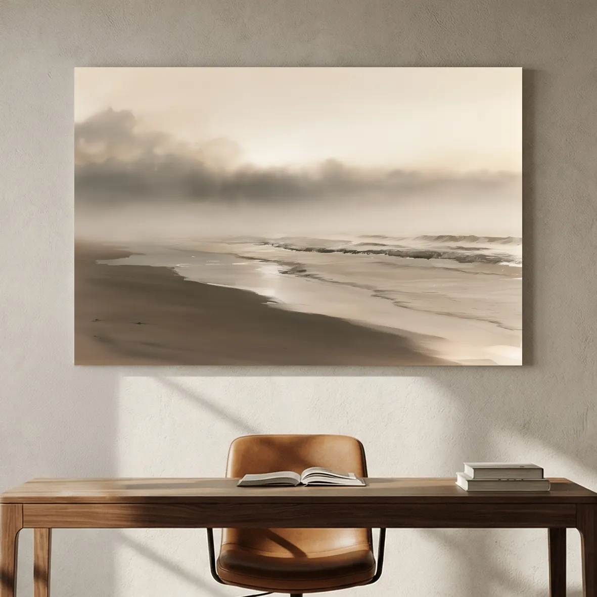 Misty Morning Beach Watercolour - Minimalist Boho Landscape Art