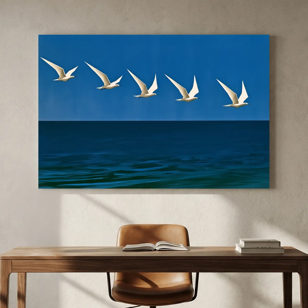 Mid-Century Seagull Flight - Minimalist Ocean Illustration Wall Art