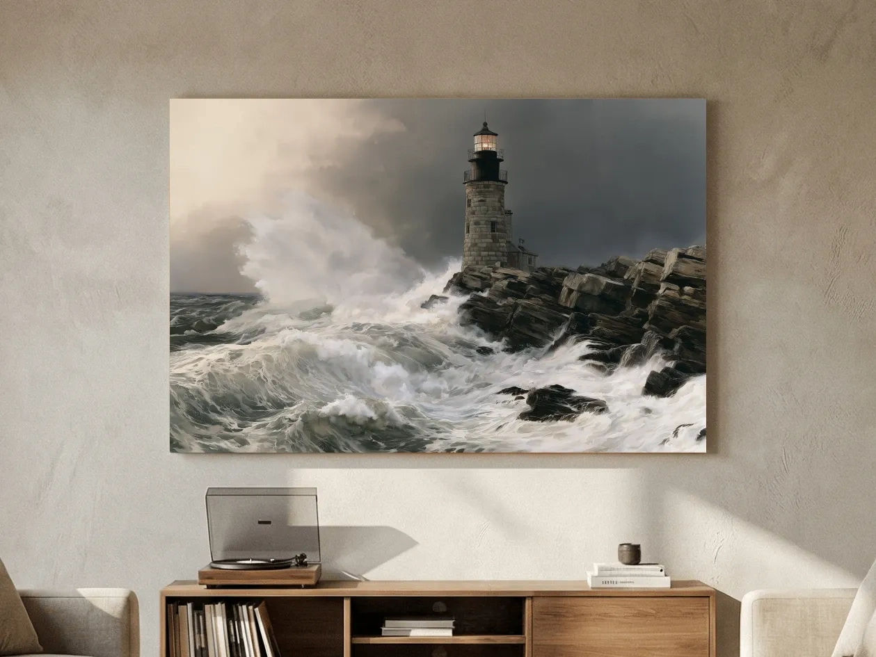 Stormy Lighthouse Seascape Painting - Dramatic Waves Wall Art