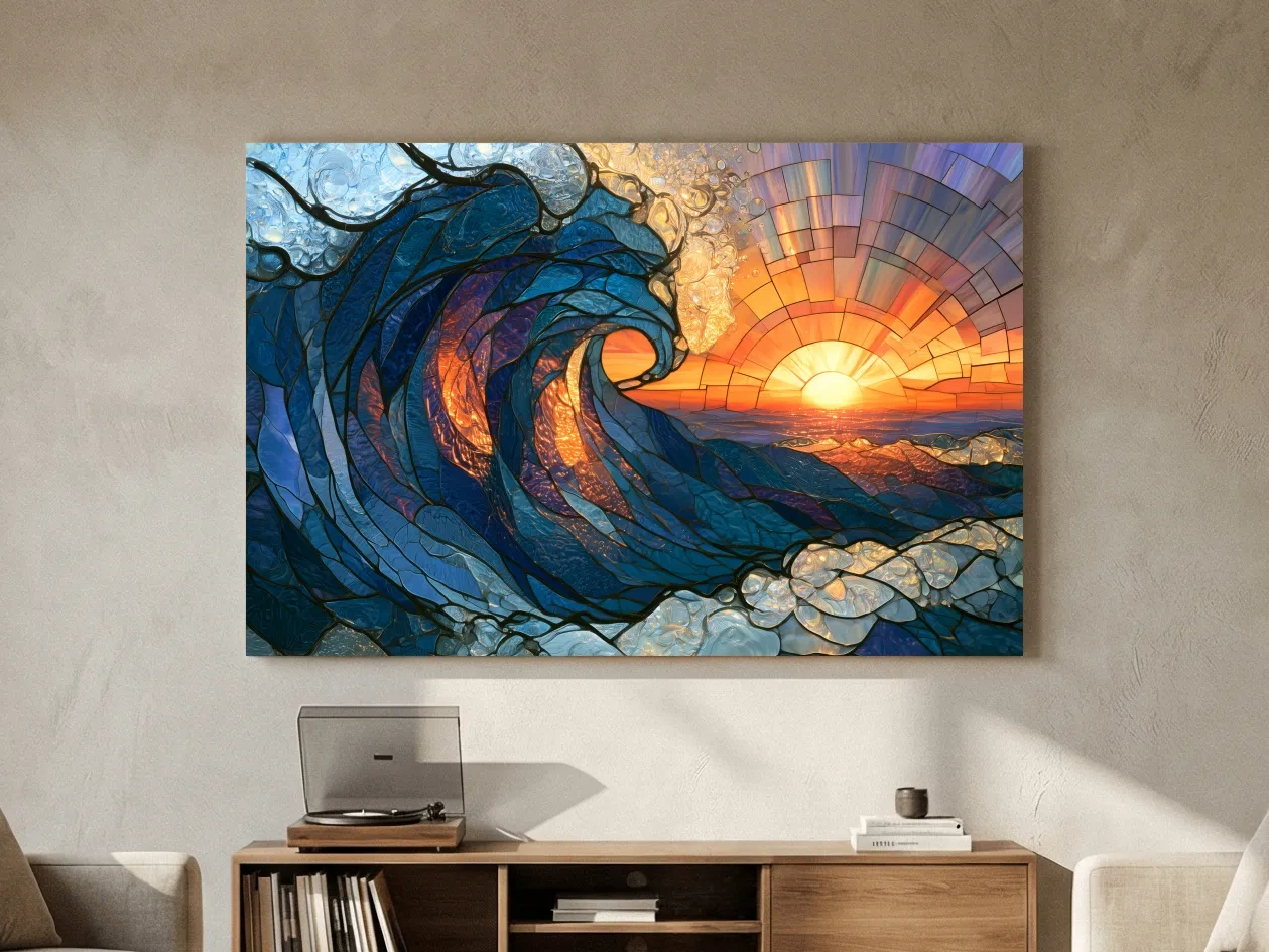 Stained Glass Crashing Wave Sunset - Mosaic Ocean Wall Art