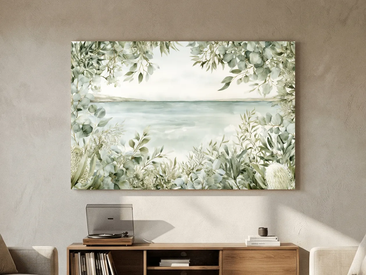 Coastal Eucalyptus Botanical Illustration - Serene Beach Wall Art