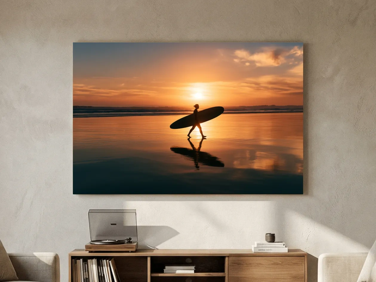 Sunset Longboard Surfer Silhouette - Photographic Beach Wall Art