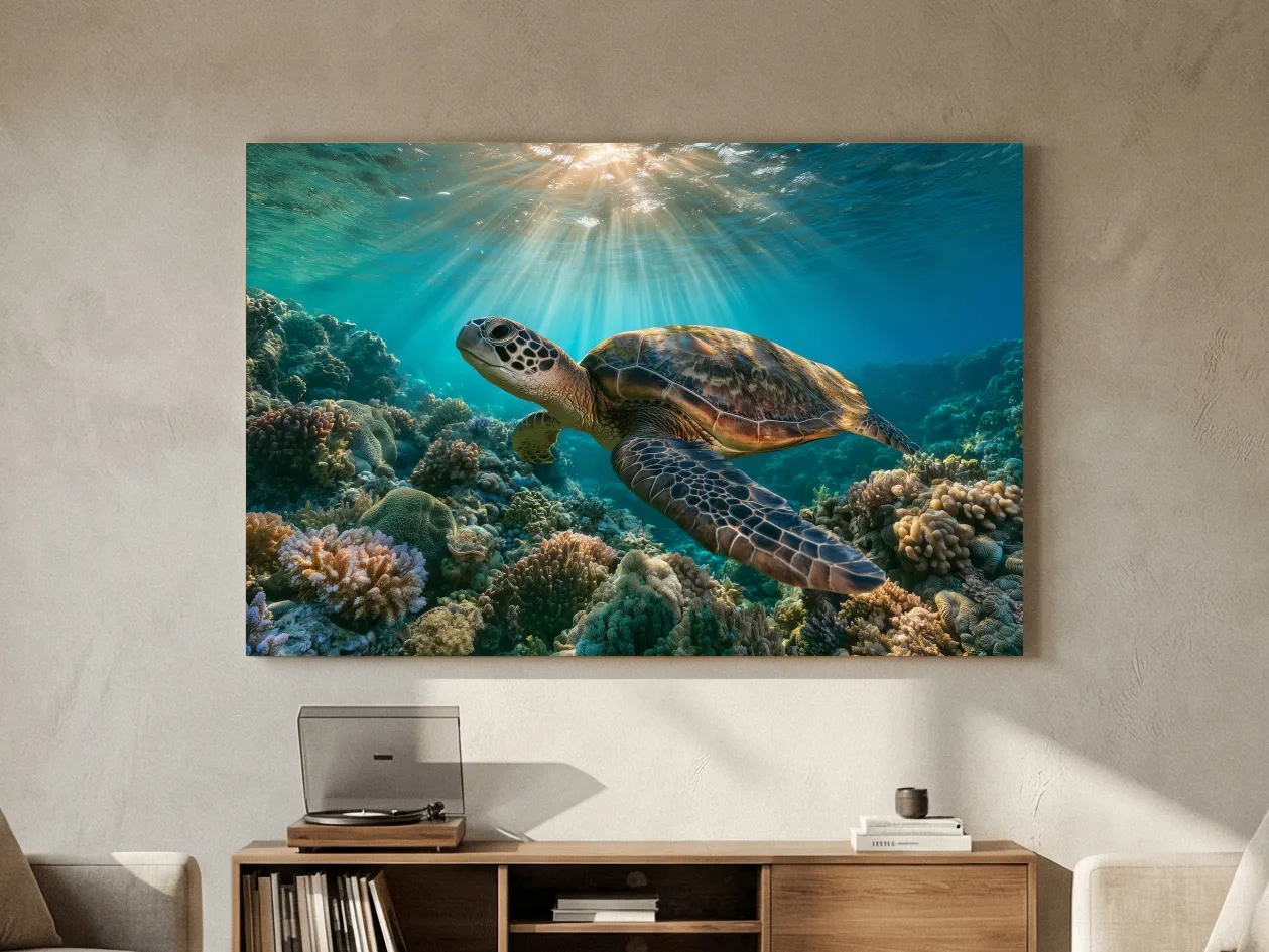 Sunlit Sea Turtle Coral Reef - Underwater Marine Life Photographic Artwork