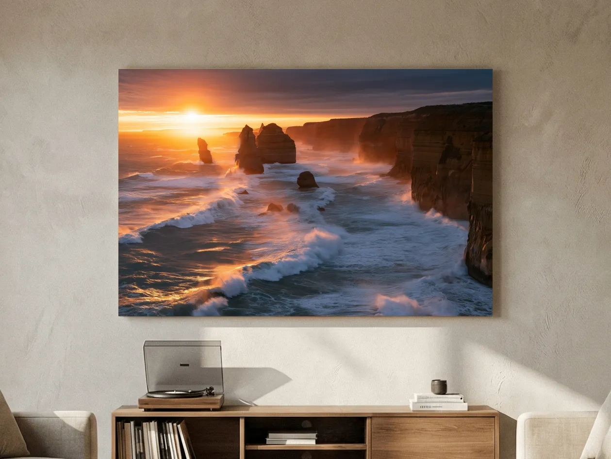 Golden Sunset Sea Stacks - Dramatic Coastal Cliff Photographic Wall Art