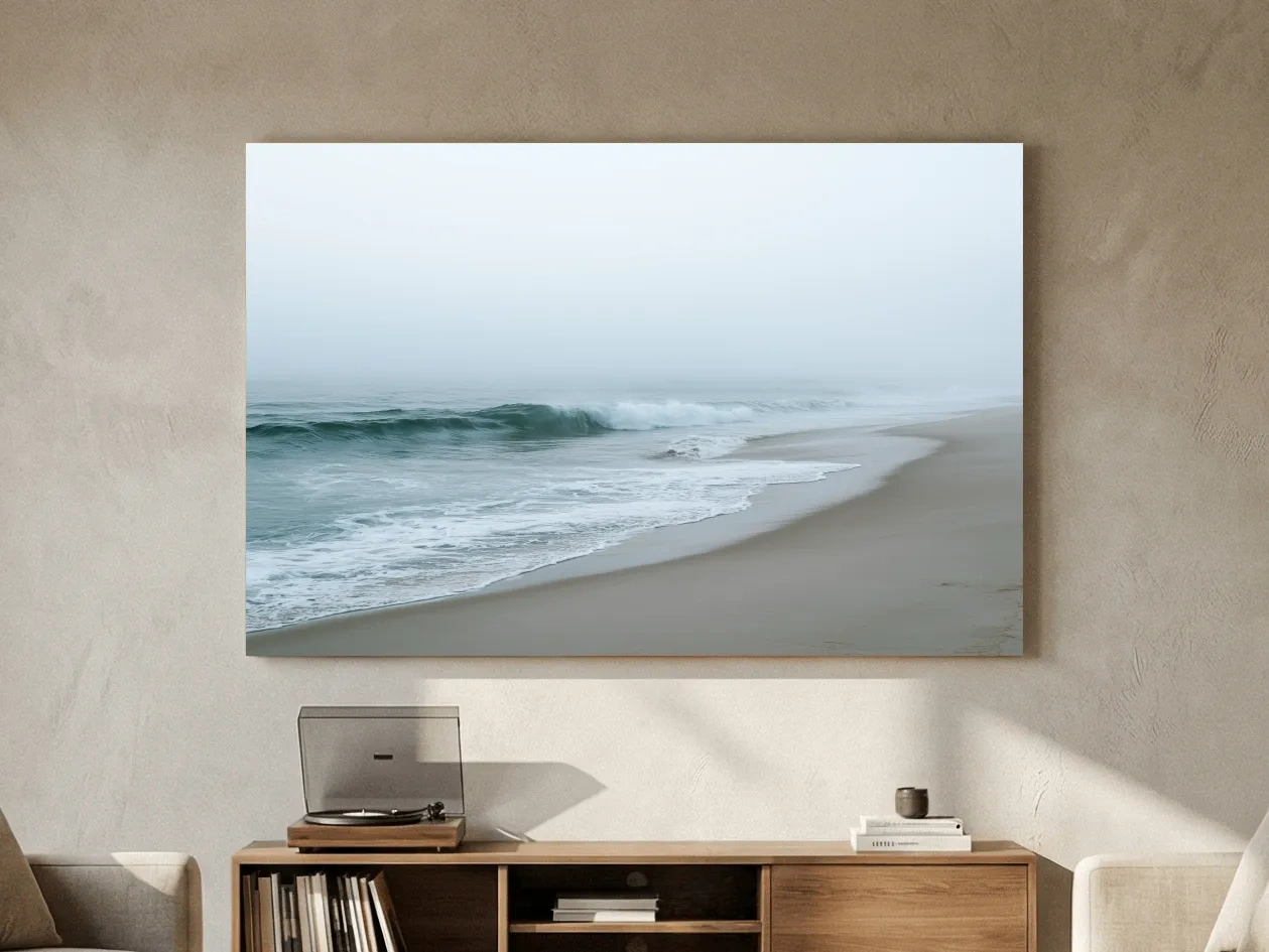 Misty Beach Waves - Minimalist Photographic Wall Art