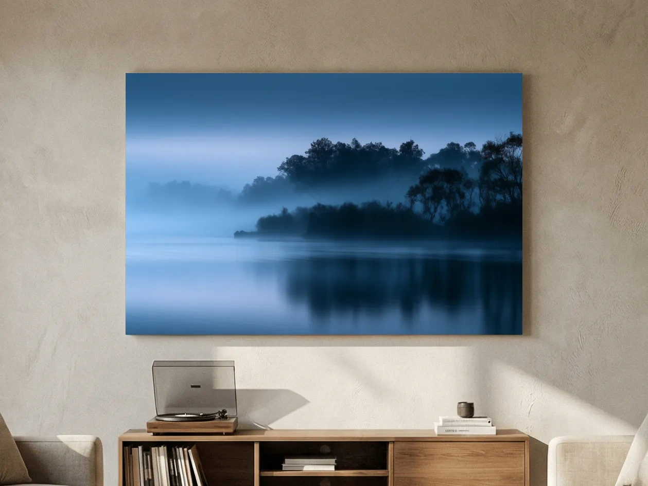 Misty Riverbank Trees - Minimalist Photographic Landscape Wall Art
