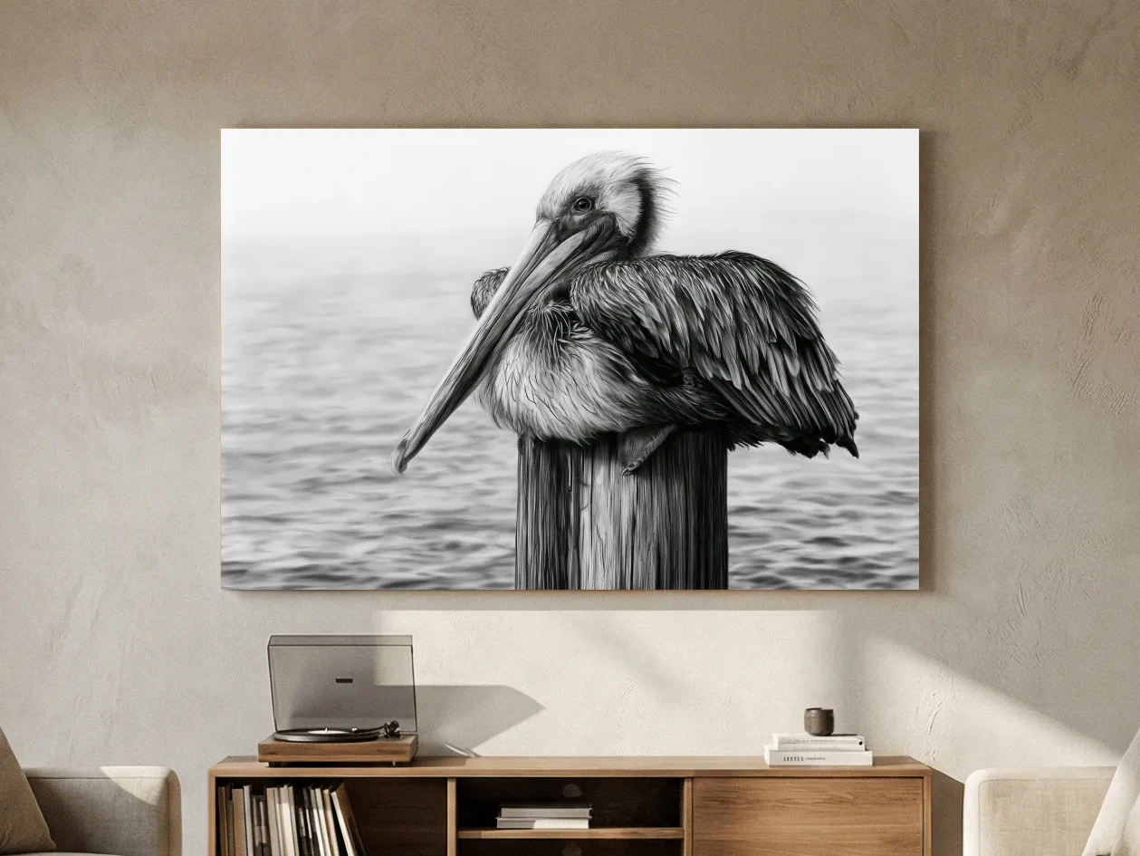 Solitary Pelican Charcoal Drawing - Monochrome Marine Life Wall Art