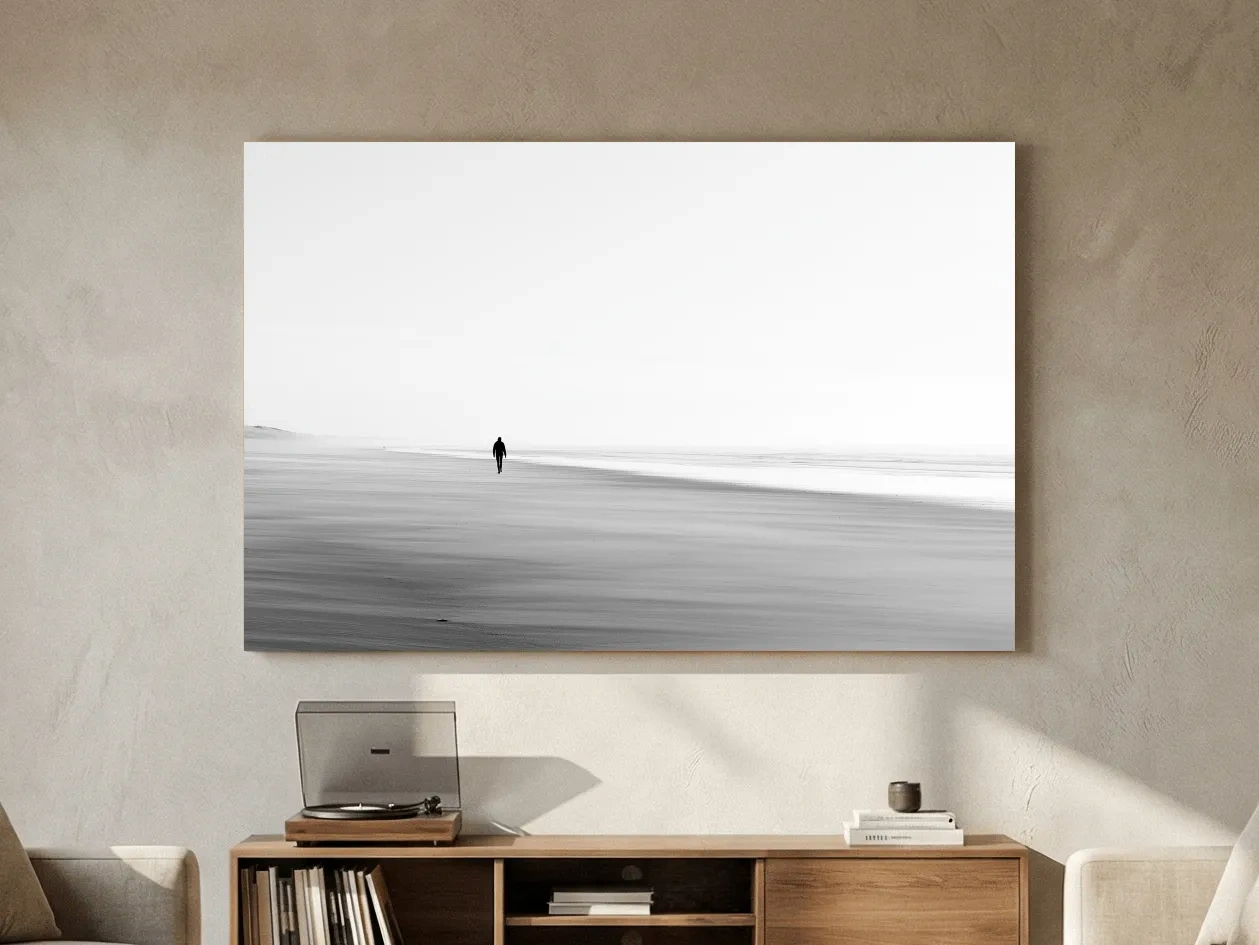 Misty Solitary Figure Beach Painting - Minimalist Shore Wall Art