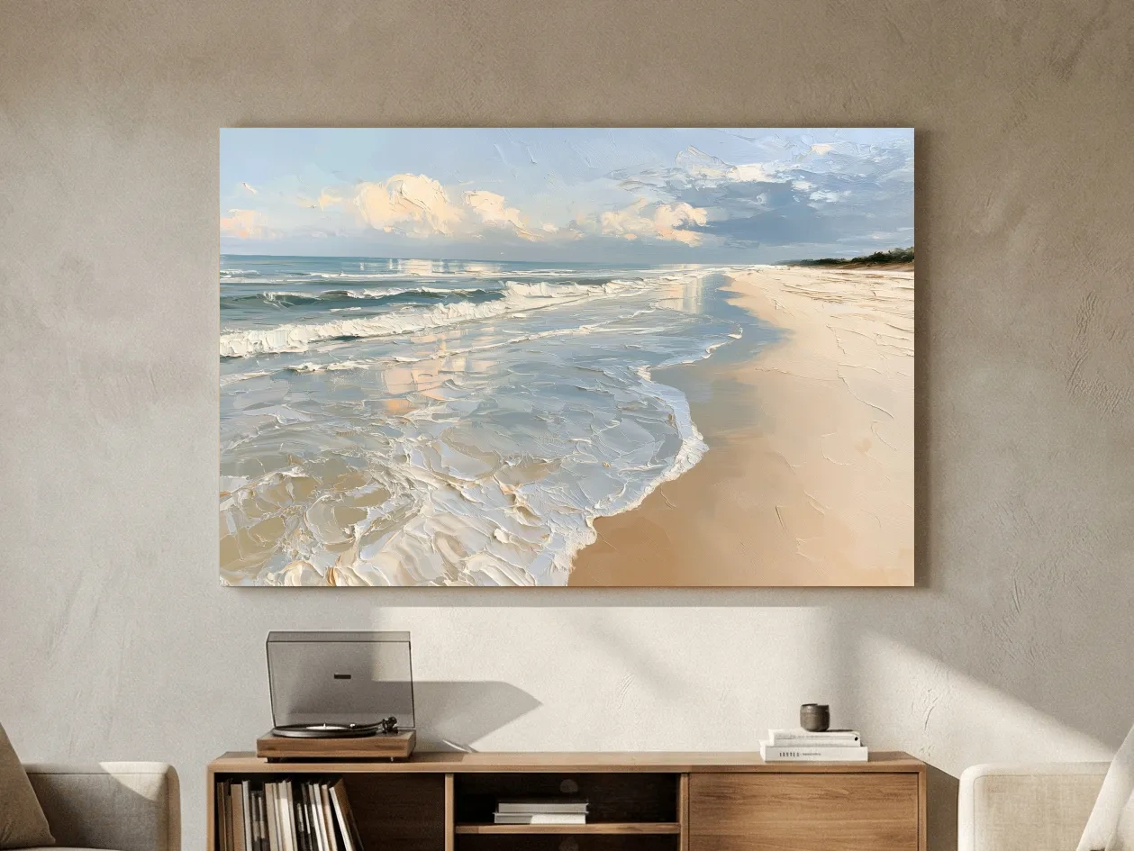 Serene Sandy Beach Seascape - Impasto Style Coastal Wall Art