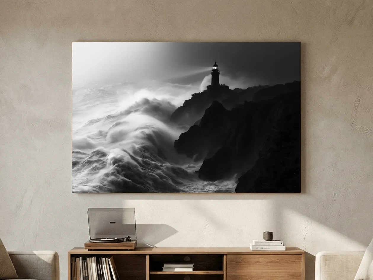 Misty Lighthouse Storm Waves - Black And White Photographic Wall Art