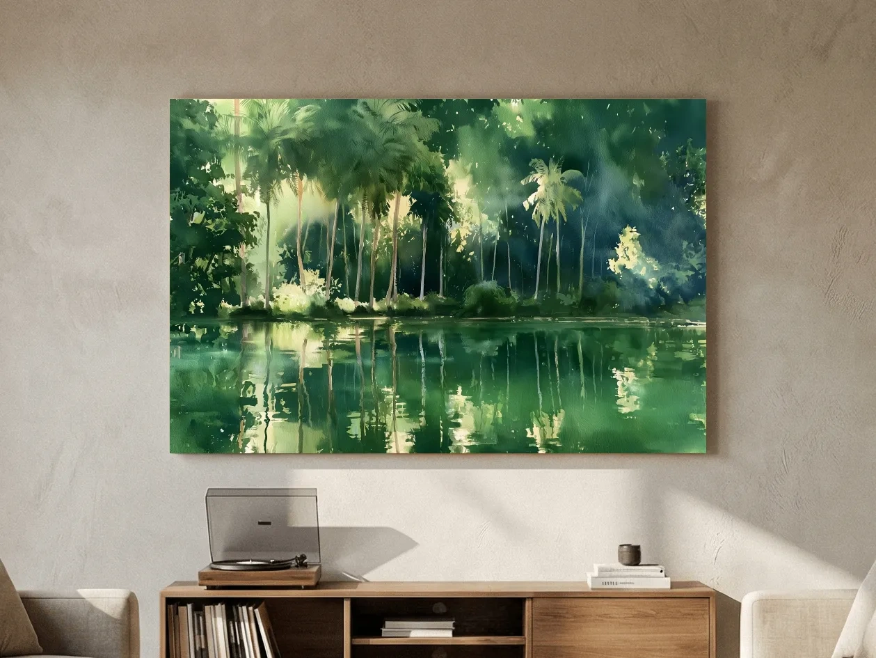 Tropical Palm Lagoon Watercolour - Lush Island Landscape Wall Art