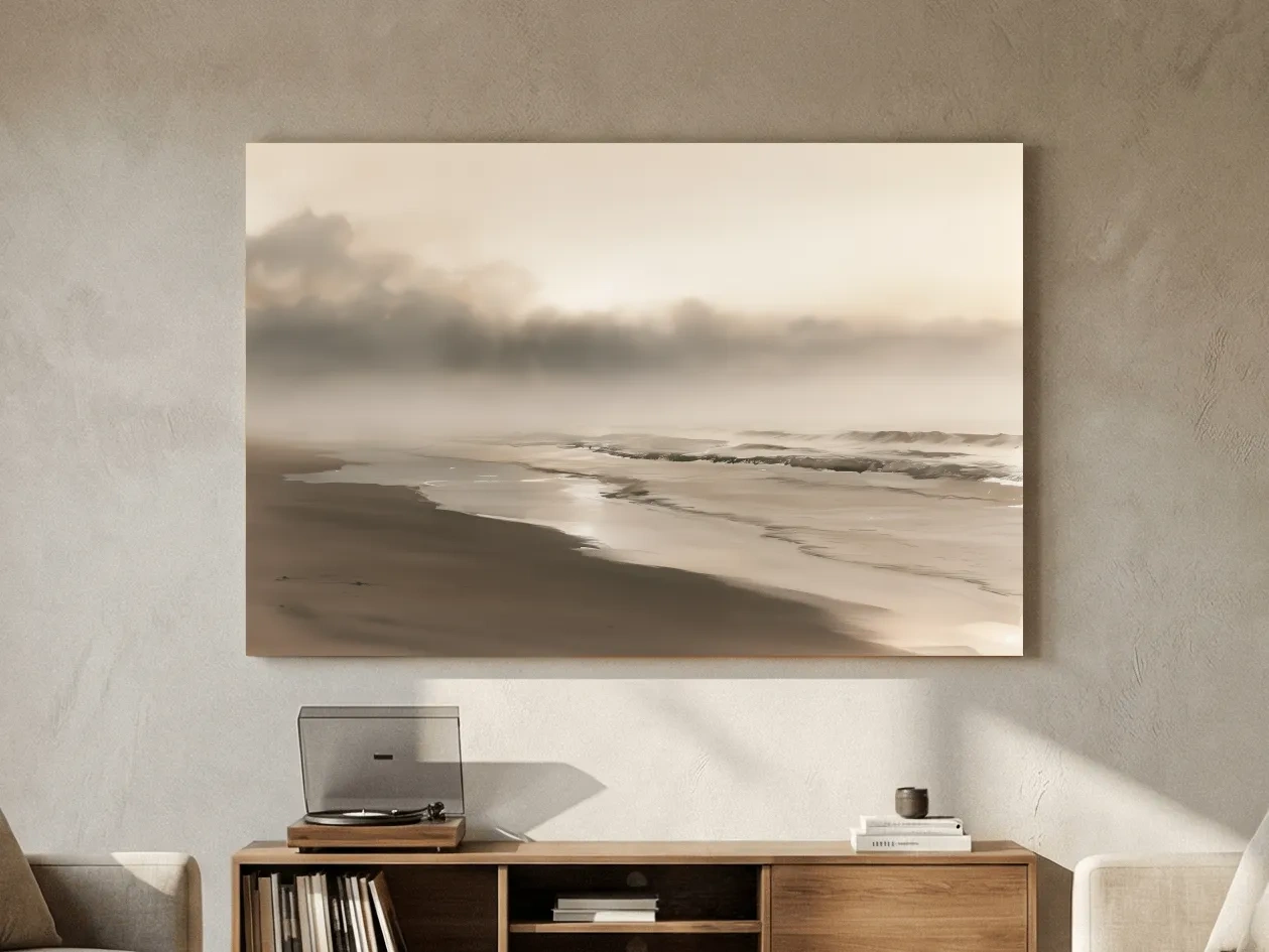 Misty Morning Beach Watercolour - Minimalist Boho Landscape Art