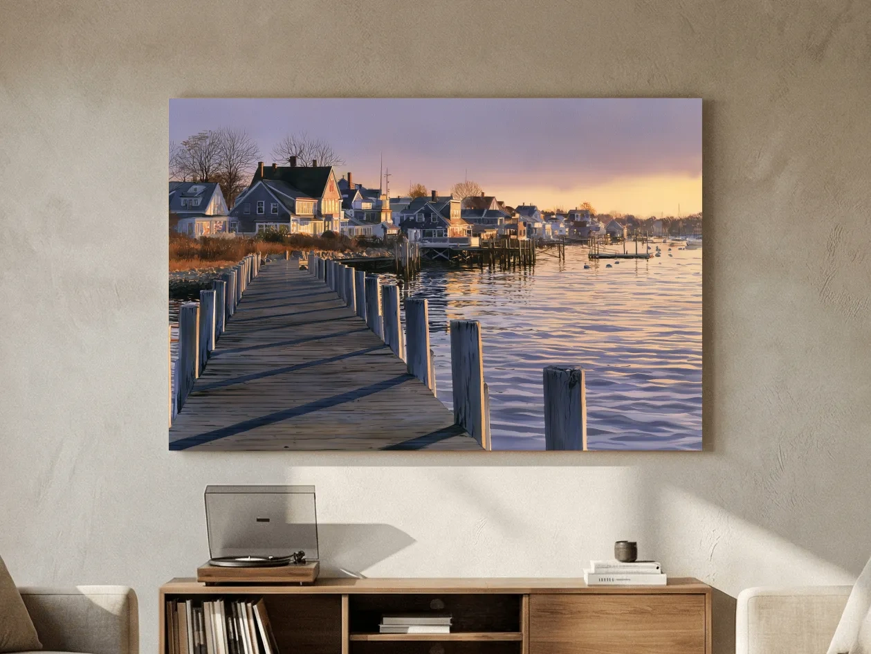 Golden Sunset Harbour Village - Coastal Pier Wall Art