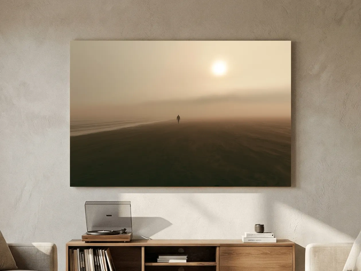 Misty Solitary Beach Walker - Minimalist Photographic Wall Art