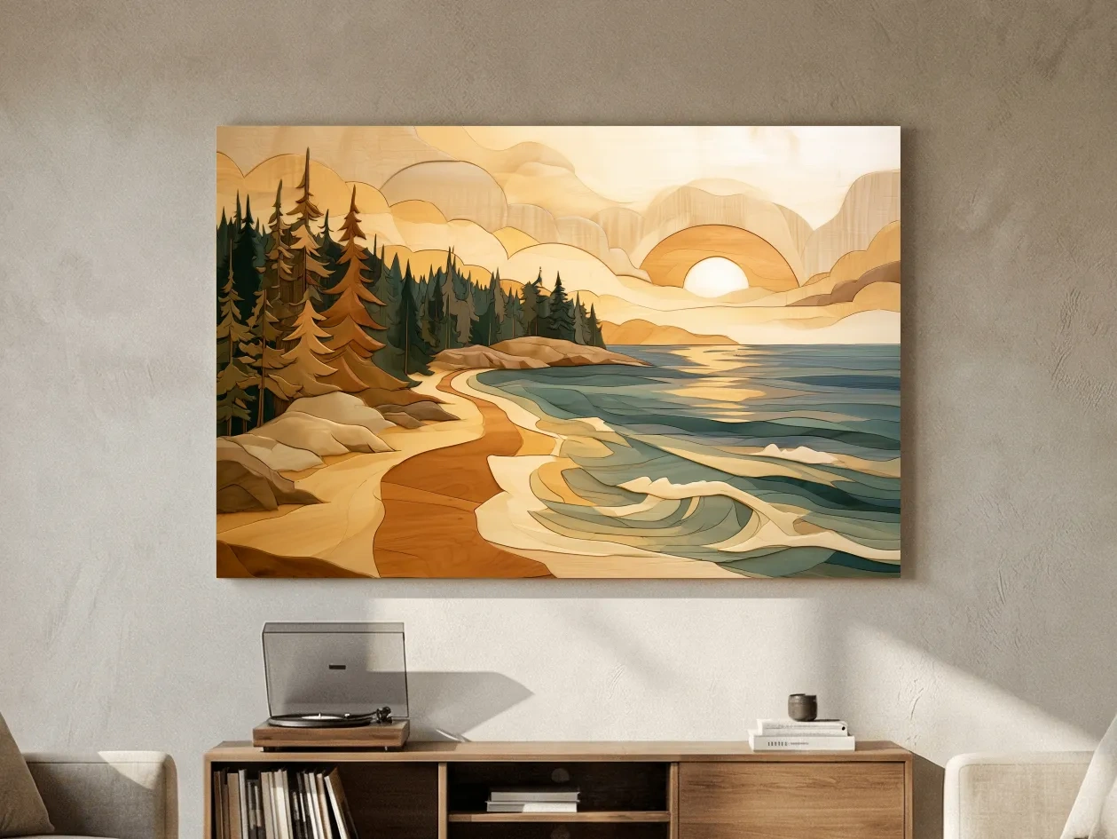 Coastal Sunset Forest - Wood Intarsia Style Seascape Wall Art