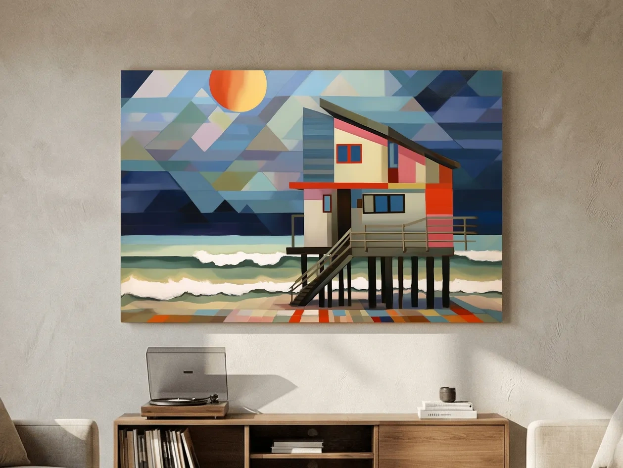 Geometric Beach House Painting - Abstract Coastal Wall Art