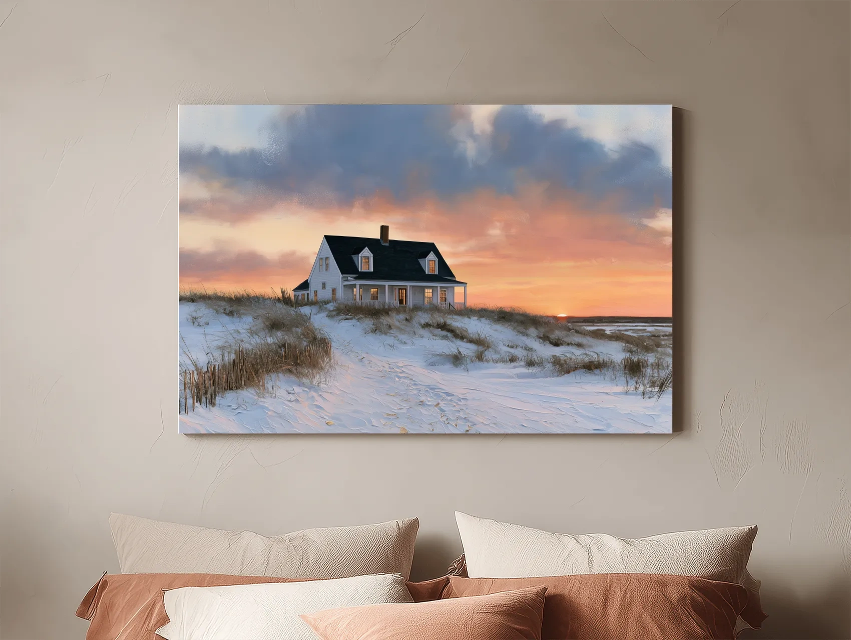 Beach House Sunset Dunes - Coastal Landscape Painting Wall Art