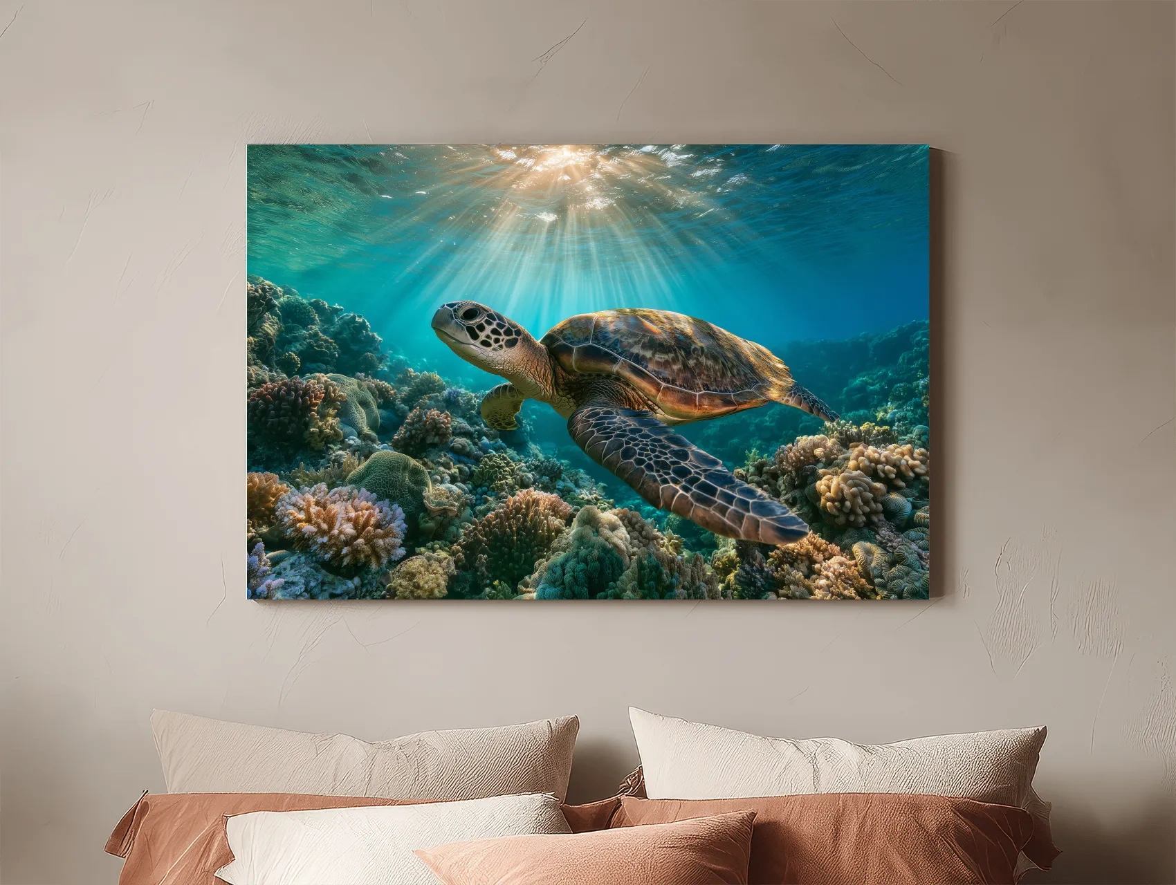 Sunlit Sea Turtle Coral Reef - Underwater Marine Life Photographic Artwork