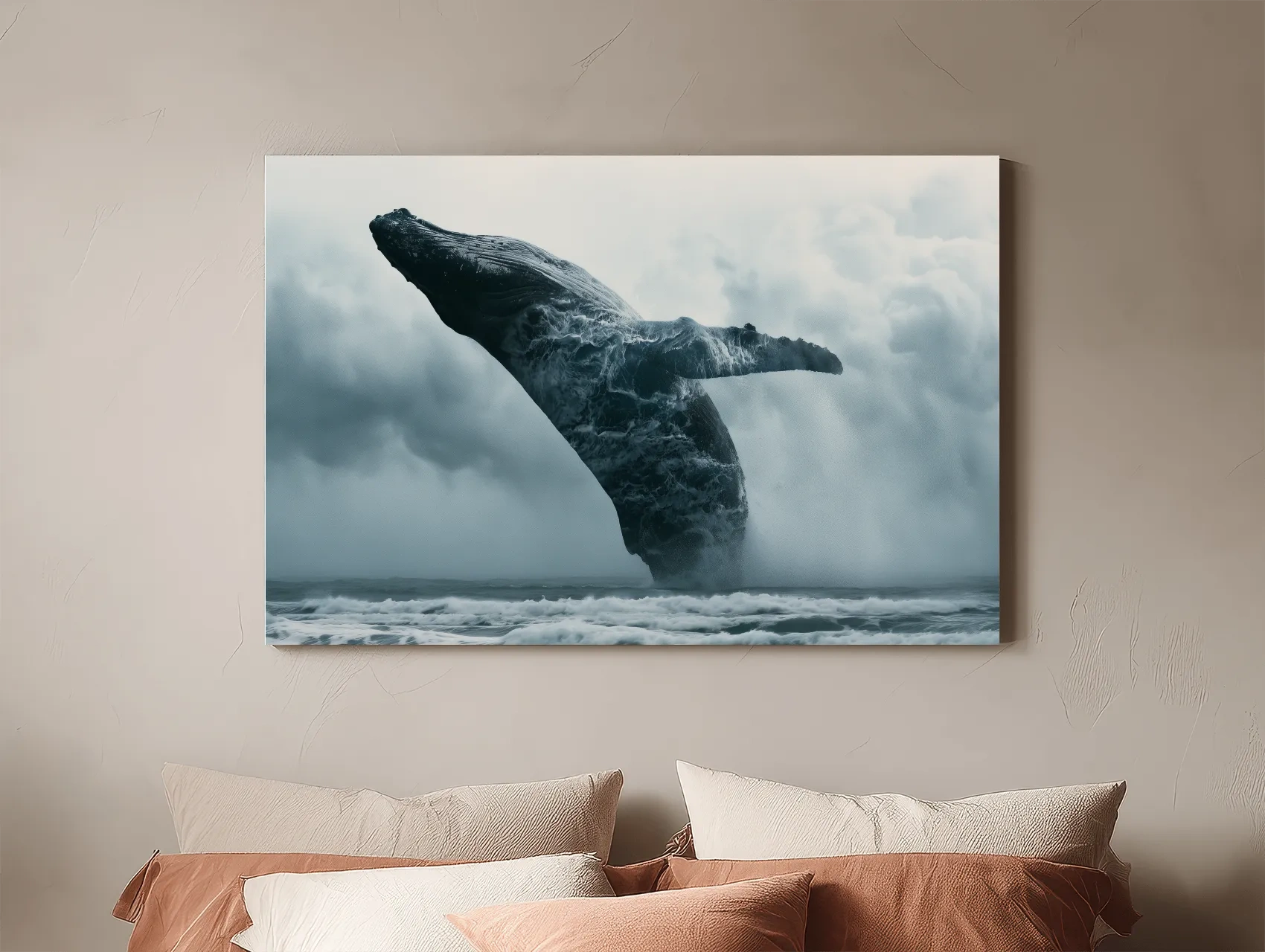 Surreal Humpback Whale Double Exposure - Stormy Ocean Illustration Wall Art