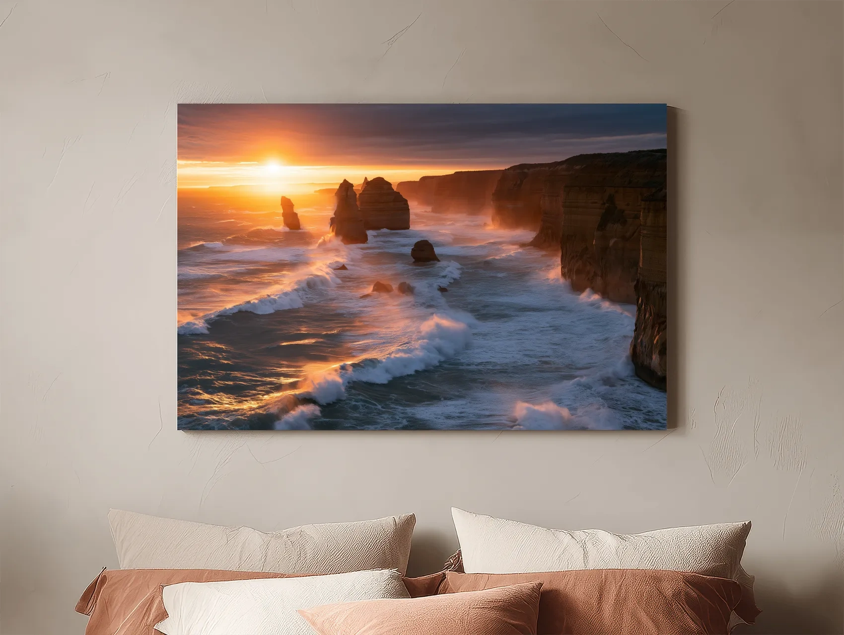 Golden Sunset Sea Stacks - Dramatic Coastal Cliff Photographic Wall Art