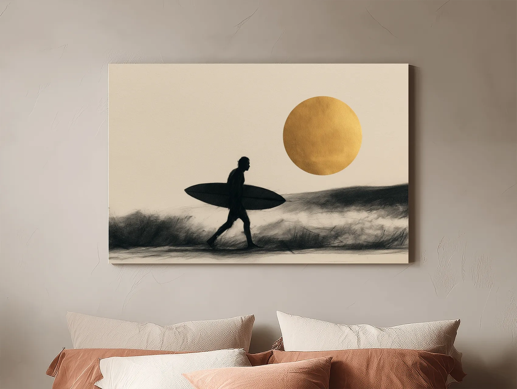 Surfer Silhouette Drawing - Golden Sunset Beach Wall Art