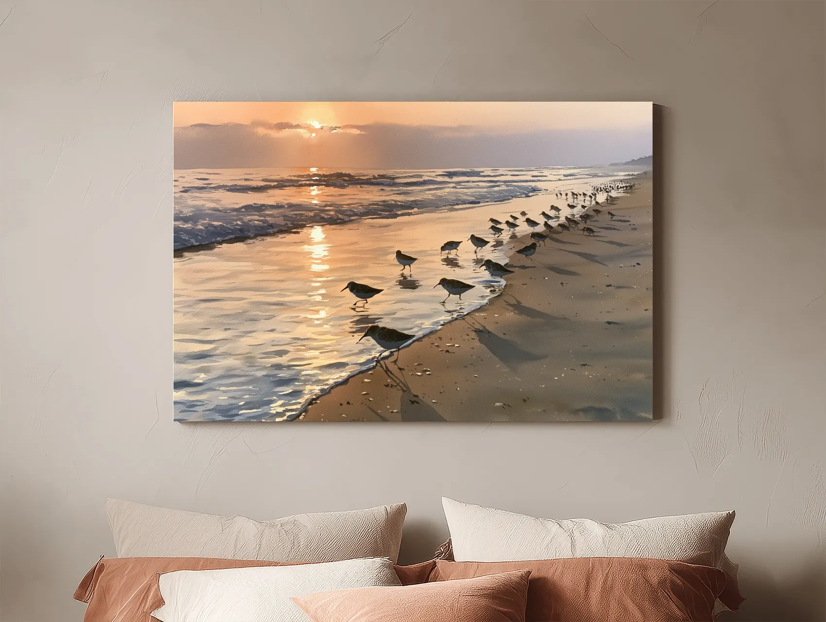 Golden Sunset Shorebirds Painting - Serene Coastal Wall Art