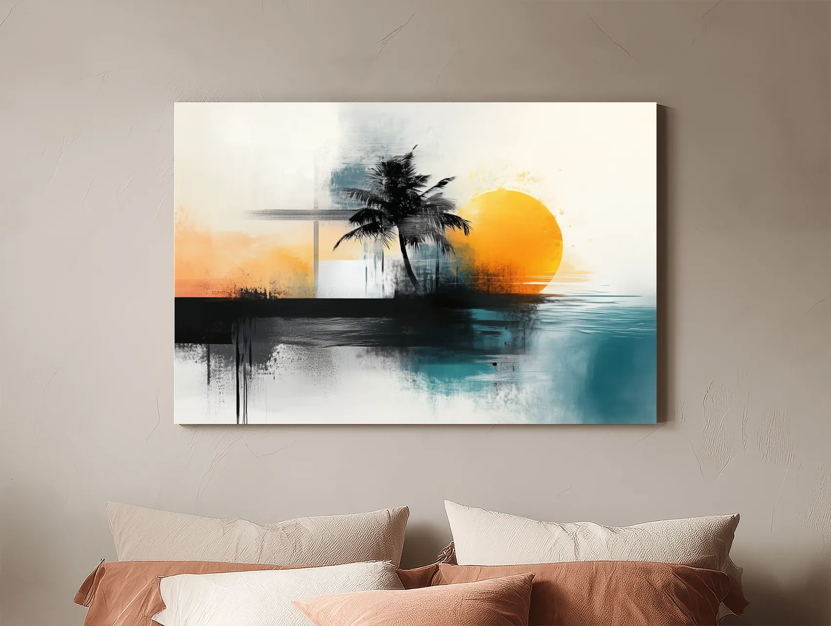 Abstract Tropical Palm Sunset Painting - Beach Horizon Wall Art