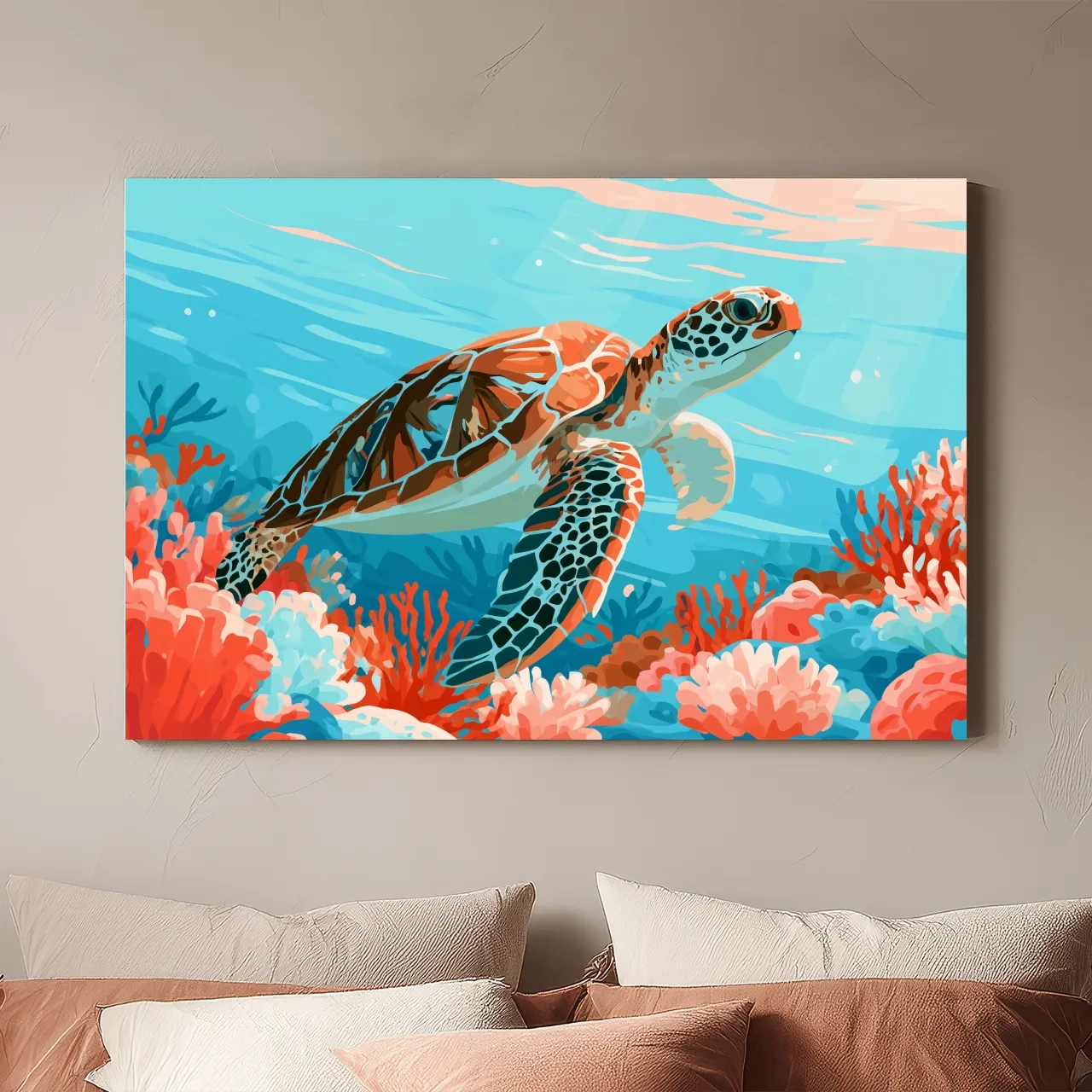 Mid-Century Sea Turtle Reef Illustration - Minimalist Marine Life Wall Art