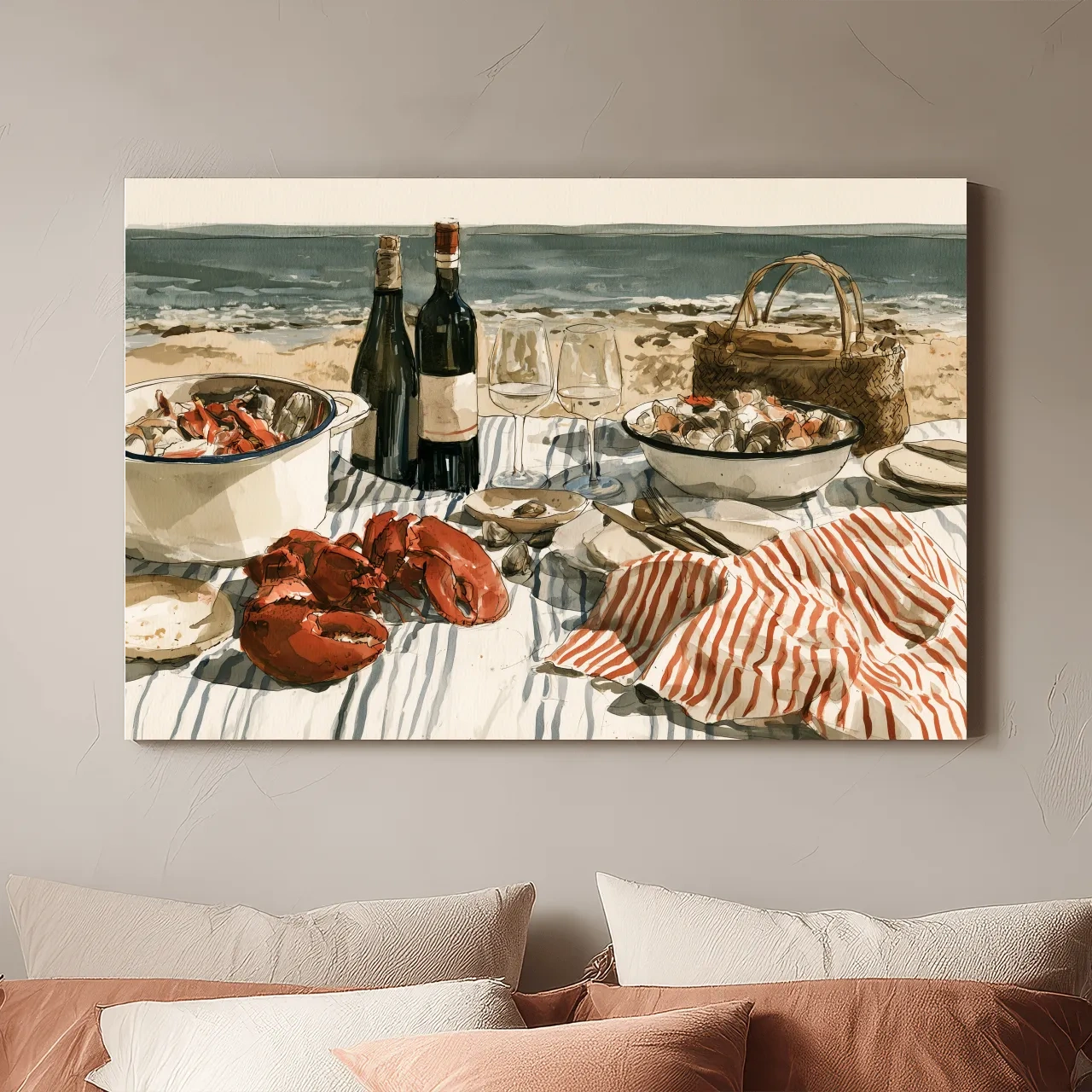 Watercolor Lobster Beach Picnic - Coastal Dining Wall Art