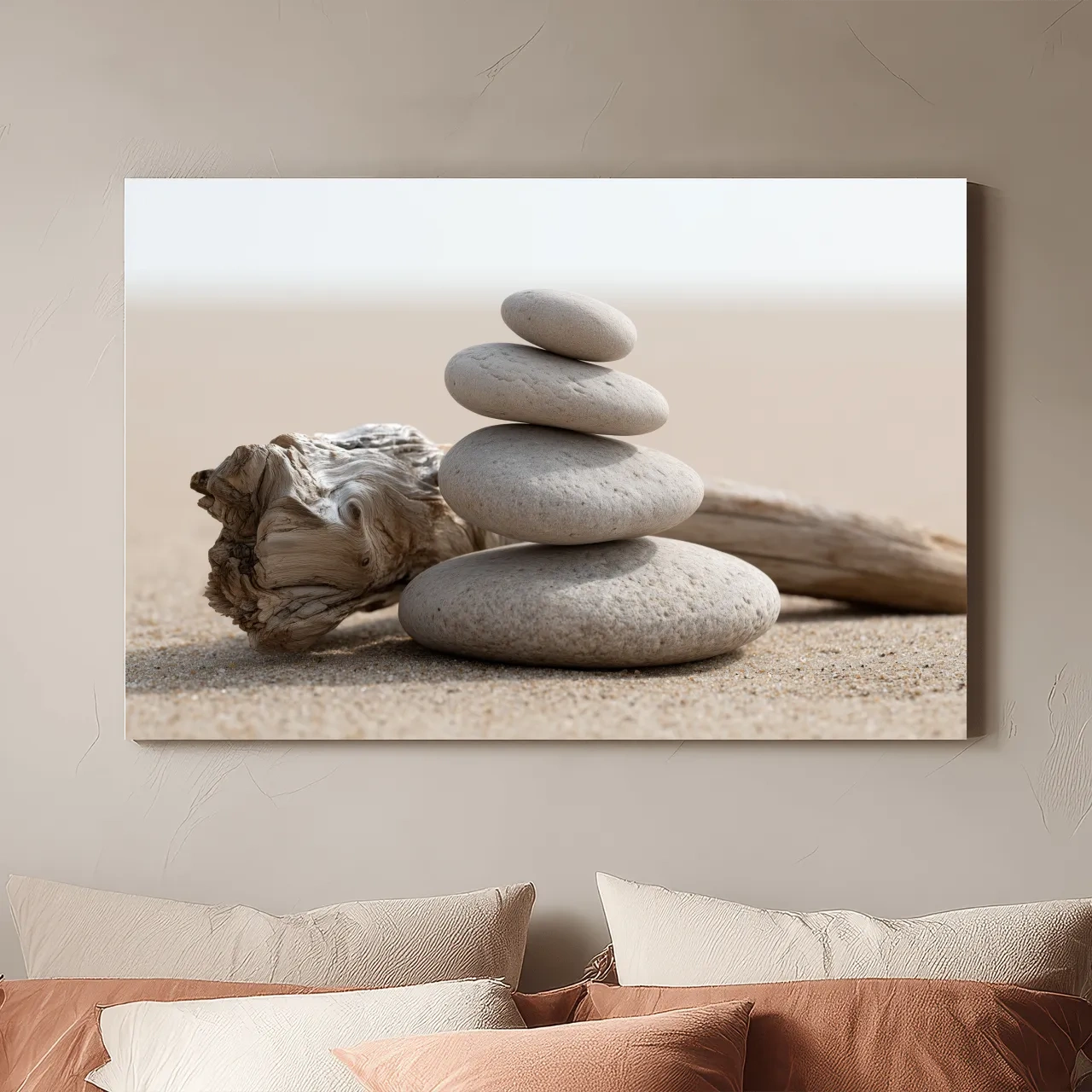 Balanced Pebble Cairn With Driftwood - Minimalist Beach Photographic Wall Art