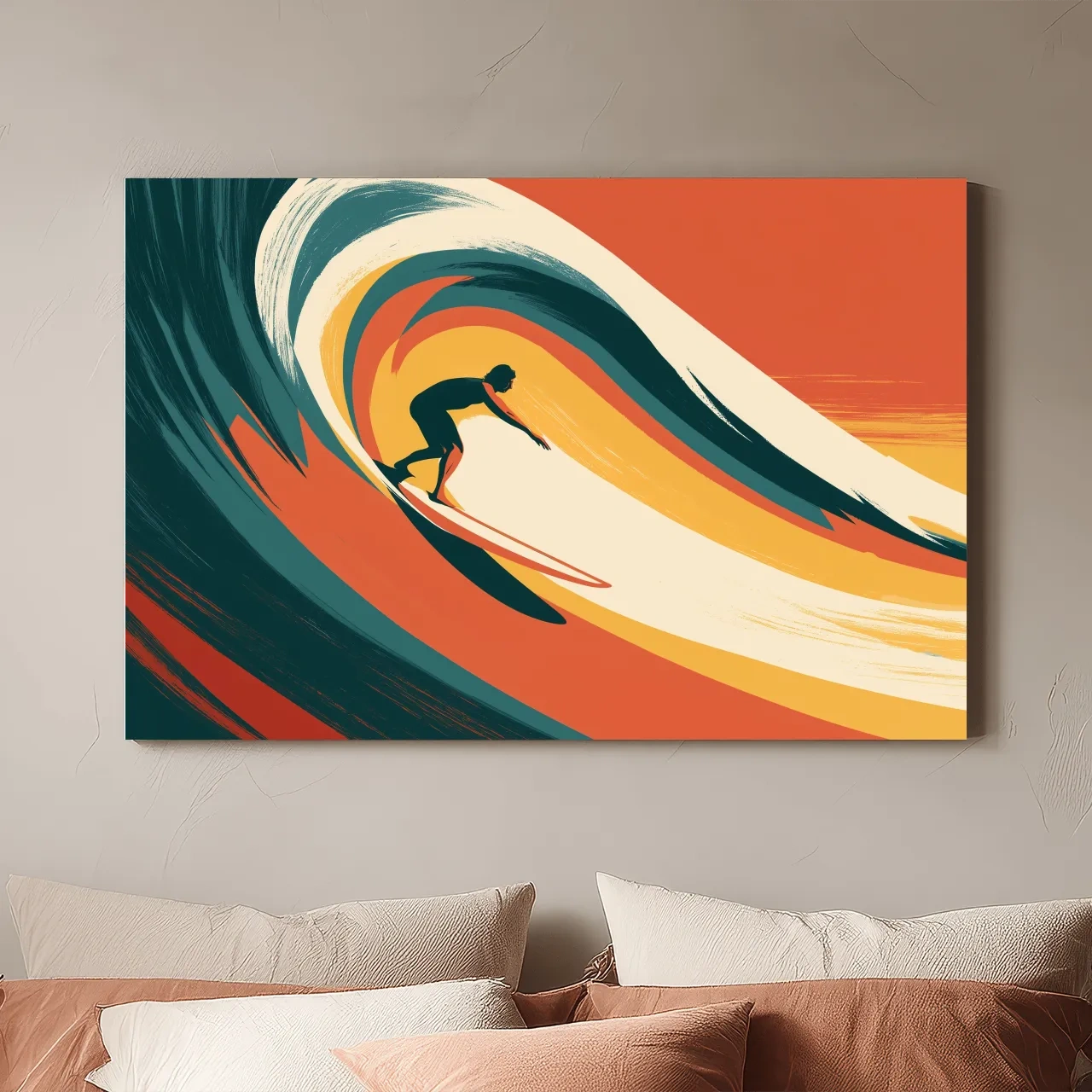 Mid-Century Surfer Riding Wave - Retro Vector Ocean Wall Art