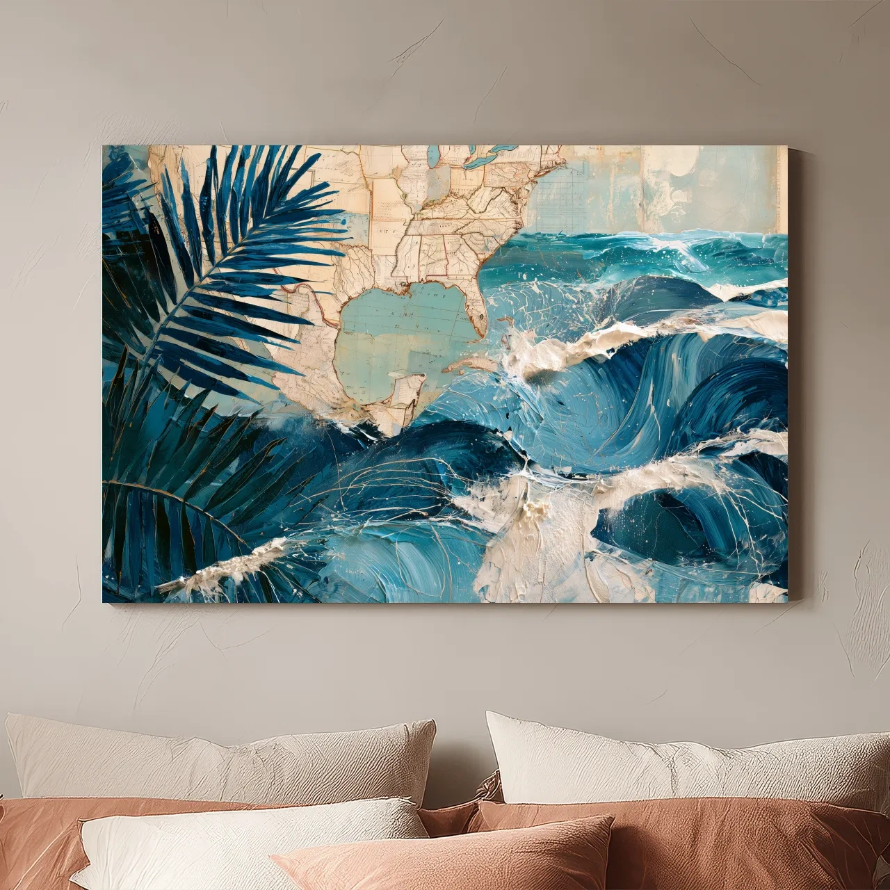 Tropical Palm Waves Map Collage - Mixed Media Ocean Wall Art