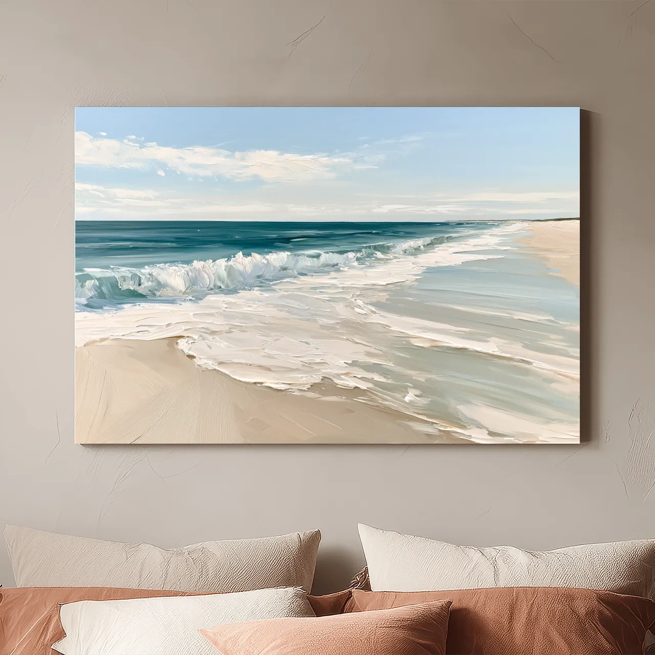 Impasto Style Beach Waves Painting - Coastal Seascape Wall Art