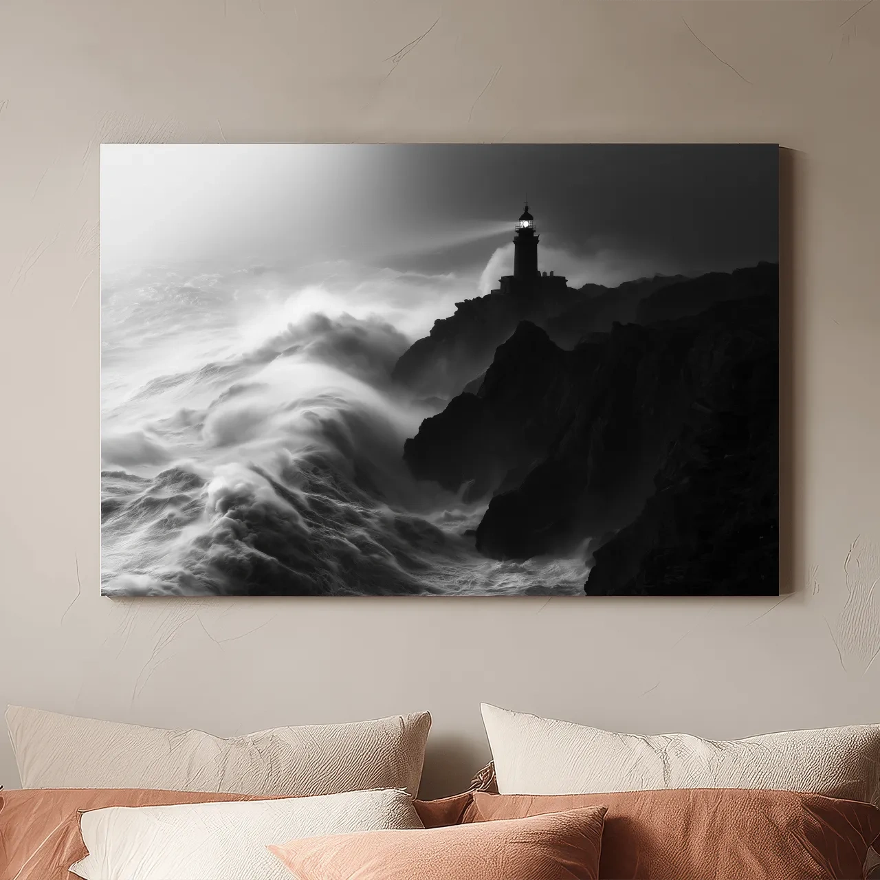 Misty Lighthouse Storm Waves - Black And White Photographic Wall Art