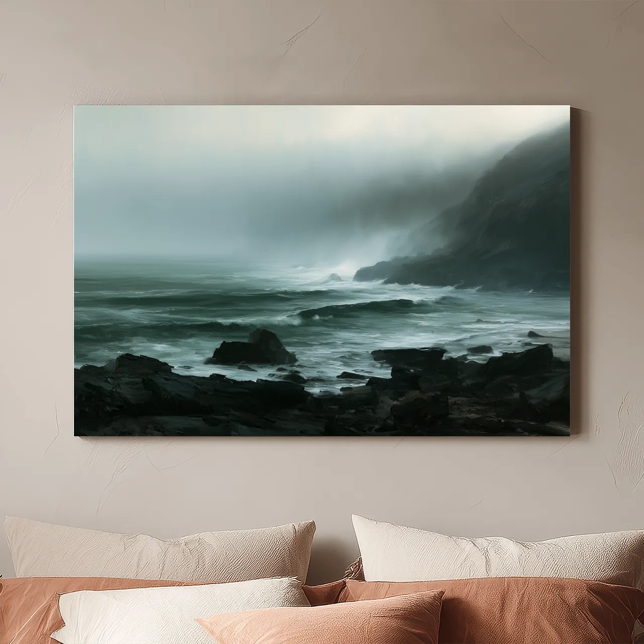 Misty Rocky Coastline Painting - Dramatic Foggy Seascape Wall Art