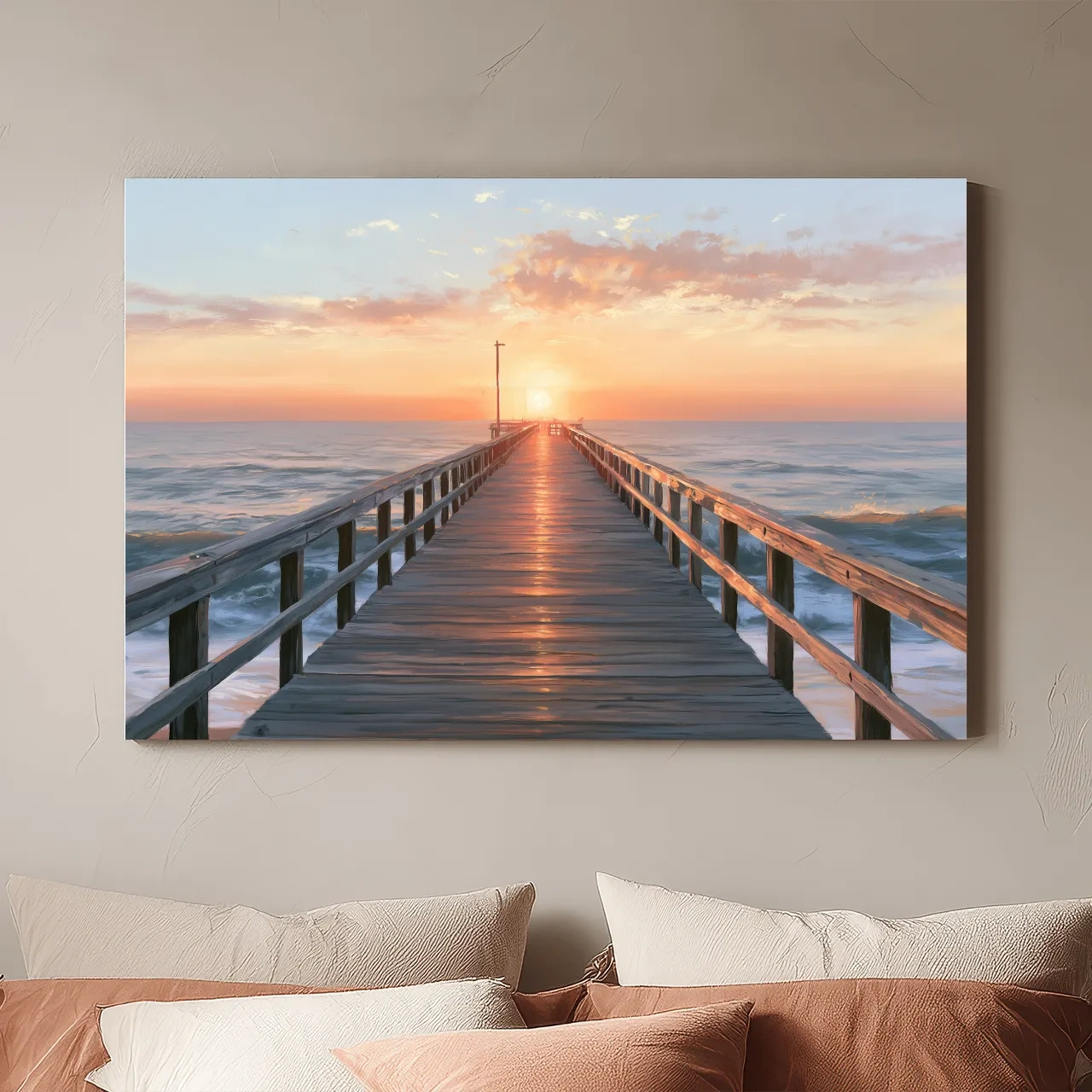 Nostalgic Pier at Golden Hour - Ocean Painting Wall Art
