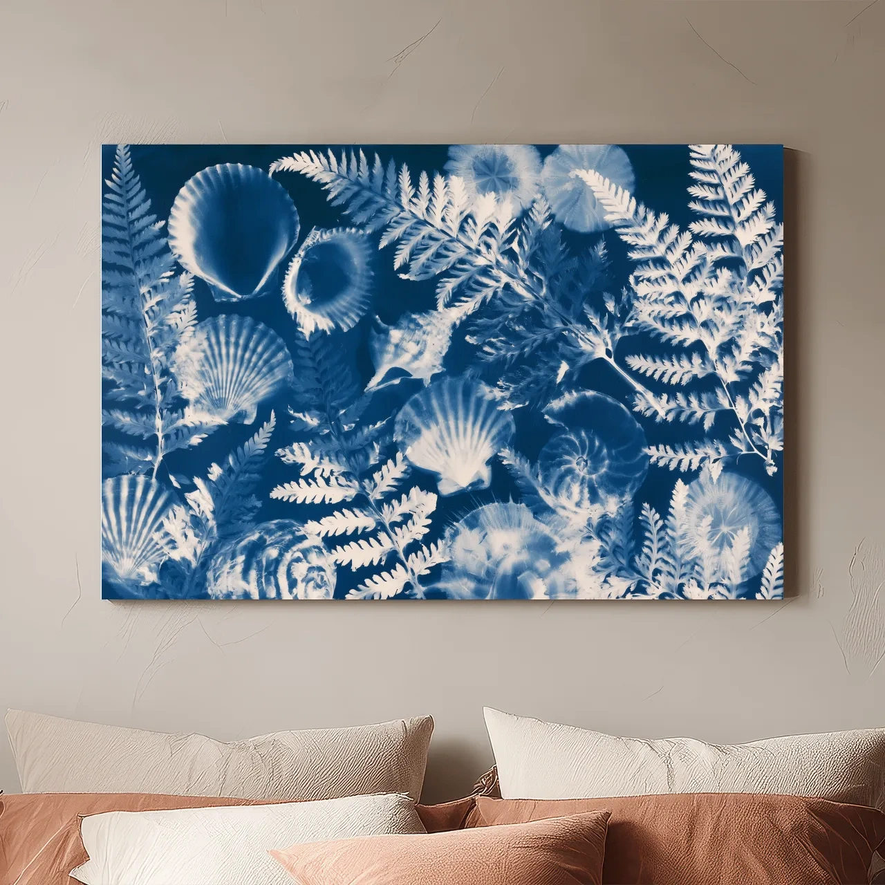 Cyanotype Seashell And Fern Illustration - Hamptons Tropical Wall Art