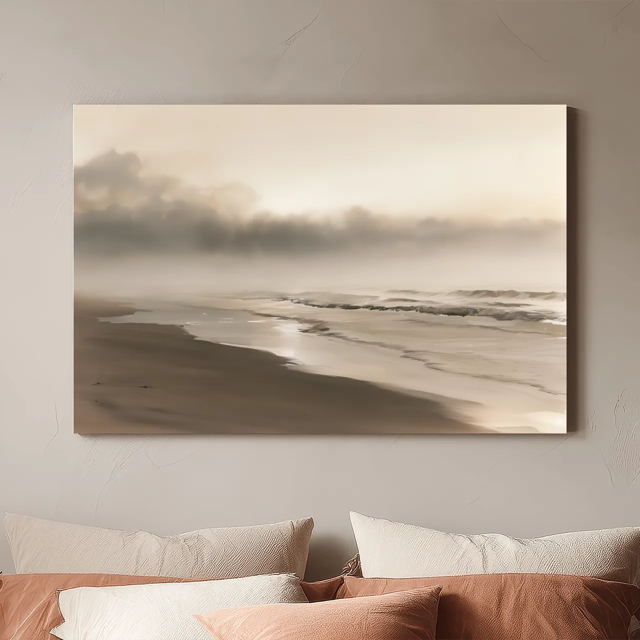 Misty Morning Beach Watercolour - Minimalist Boho Landscape Art