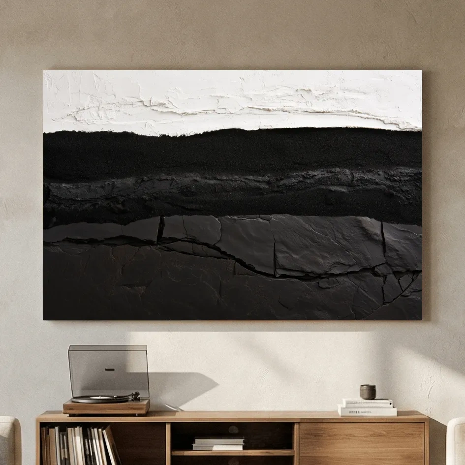 Abstract Stone Strata Design - Monochrome Mixed Media Wall Art
