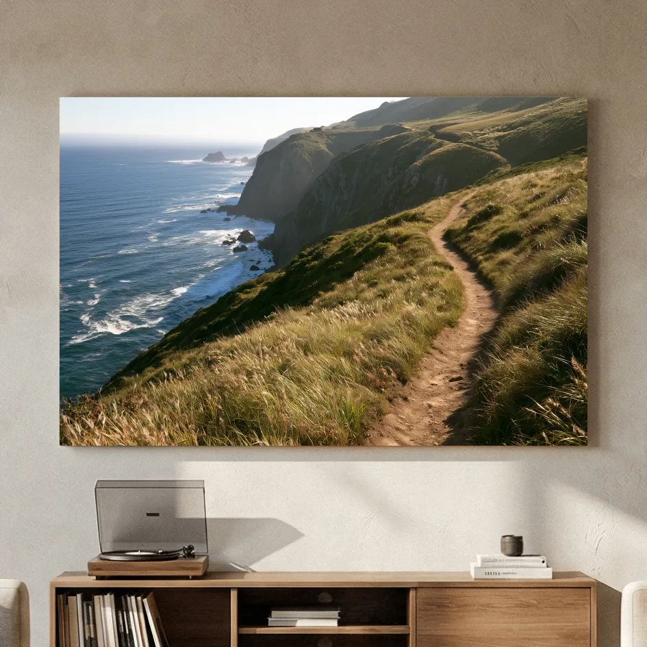 Misty Coastal Cliff Hiking Trail - Photographic Landscape Wall Art