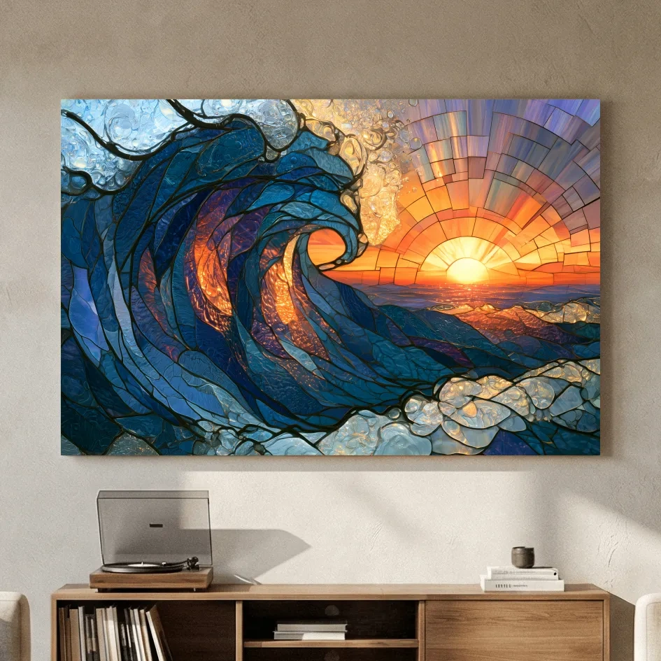 Stained Glass Crashing Wave Sunset - Mosaic Ocean Wall Art