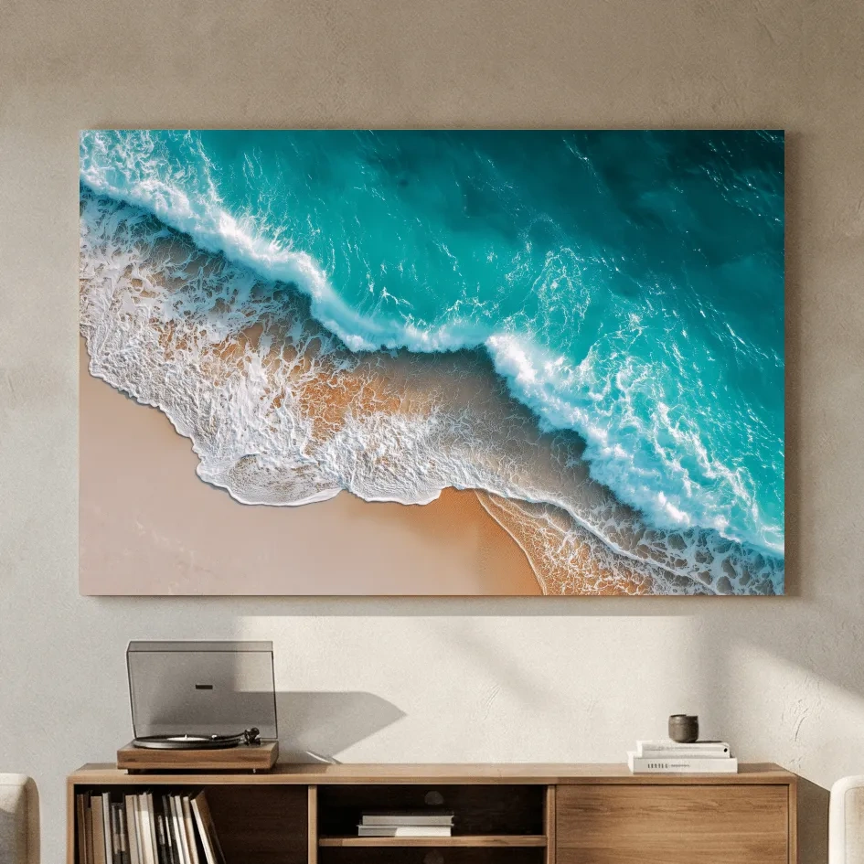 Aerial Tropical Waves on Sandy Beach - Serene Coastal Photographic Wall Art