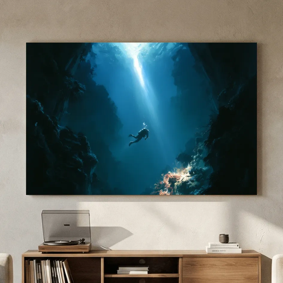 Surreal Underwater Scuba Diver Painting - Dramatic Deep Sea Wall Art