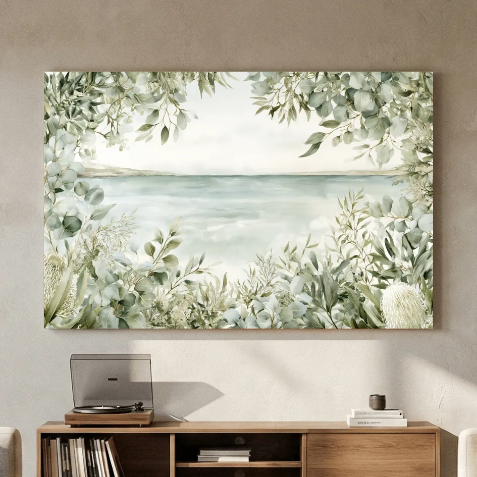 Coastal Eucalyptus Botanical Illustration - Serene Beach Wall Art