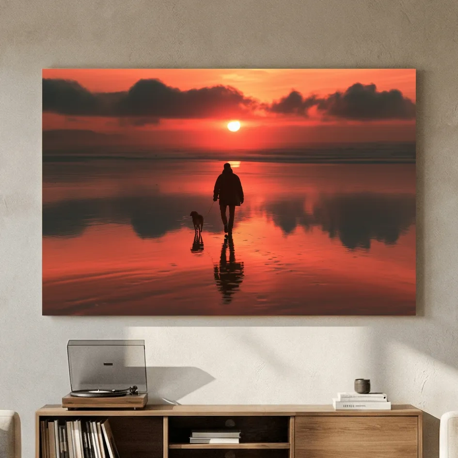 Surreal Dog Walker Silhouette - Misty Beach Sunset Photographic Wall Art