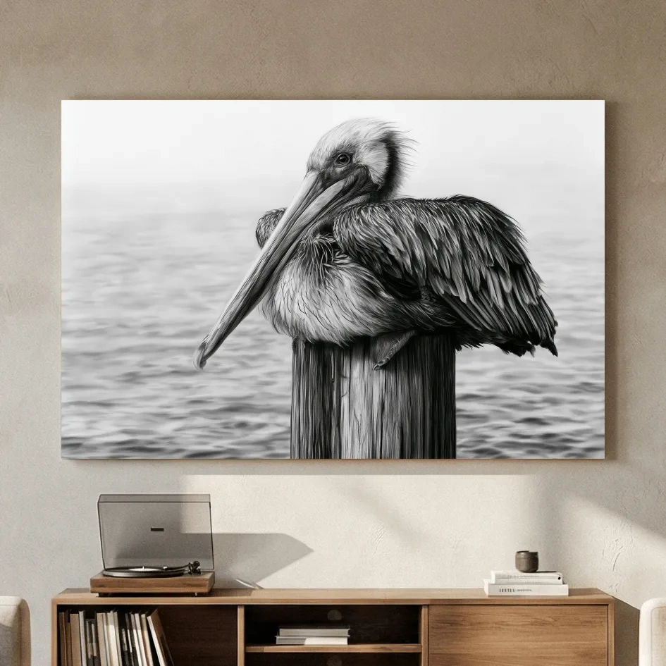 Solitary Pelican Charcoal Drawing - Monochrome Marine Life Wall Art