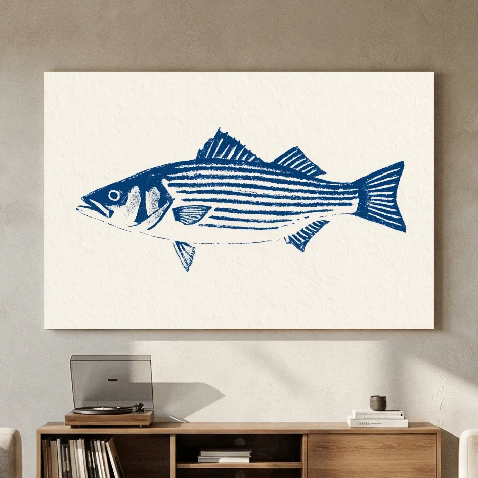 Minimalist Striped Bass Illustration - Hamptons Marine Life Wall Art