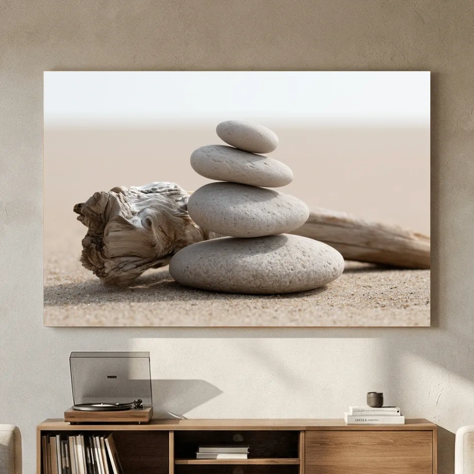 Balanced Pebble Cairn With Driftwood - Minimalist Beach Photographic Wall Art